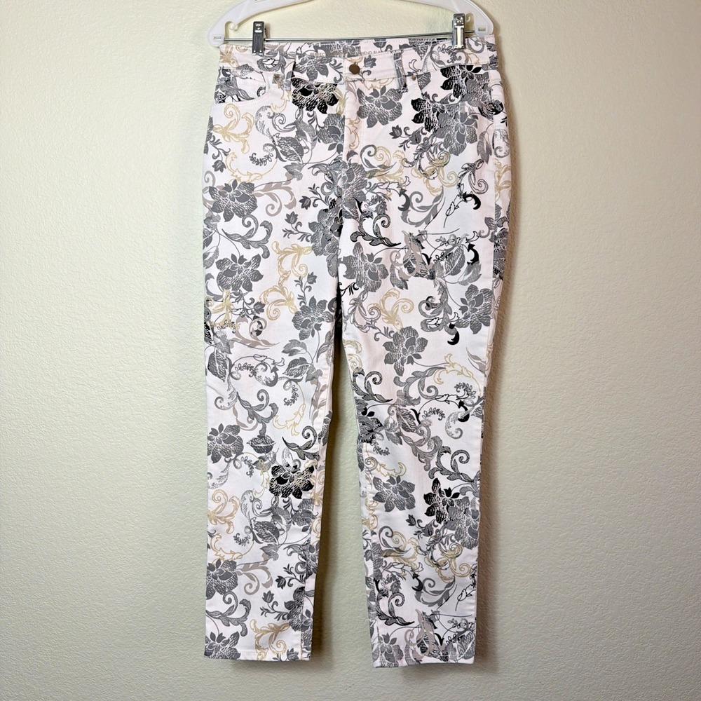 Chicos Perfect Stretch Girlfriend Pants Womens 1 Slim Leg Ankle Floral Damask 8
